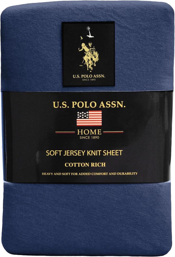 USPA Cotton-Rich Solid Jersey Knit Sheet Set (Queen, Heather Navy)