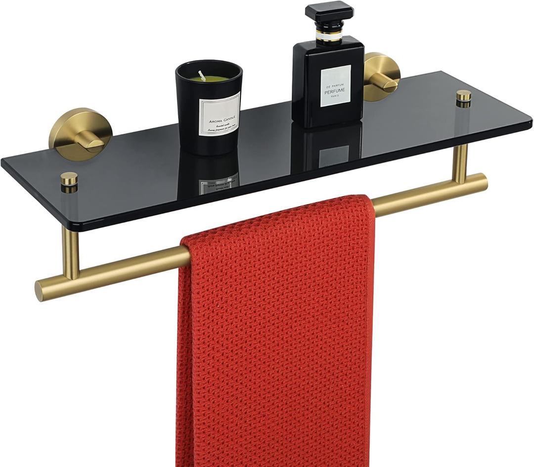 Alise Bathroom Floating Shelves for Wall,15.7 Inch Glass Wall Shelves,SUS304 Stainless Steel Bathroom Shelves Wall Mounted, Bathroom Shelves with Towel Bar for Toilet Room Decoration Gold and Black