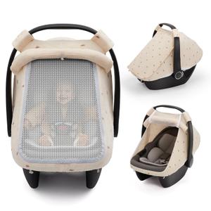 Blissful Diary Baby Car Seat Cover, Extra Large Mesh Window, Breathable Muslin Cotton, Infant Windproof Canopy, Must-Have Baby Gift - Sunshine