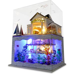 GuDoQi DIY Miniature Dollhouse Kit, Tiny House kit with Furniture and Dust Proof, Miniature House Kit 1:24 Scale Beachside Bungalow, Great Handmade Crafts Gift for Birthday Christmas Day