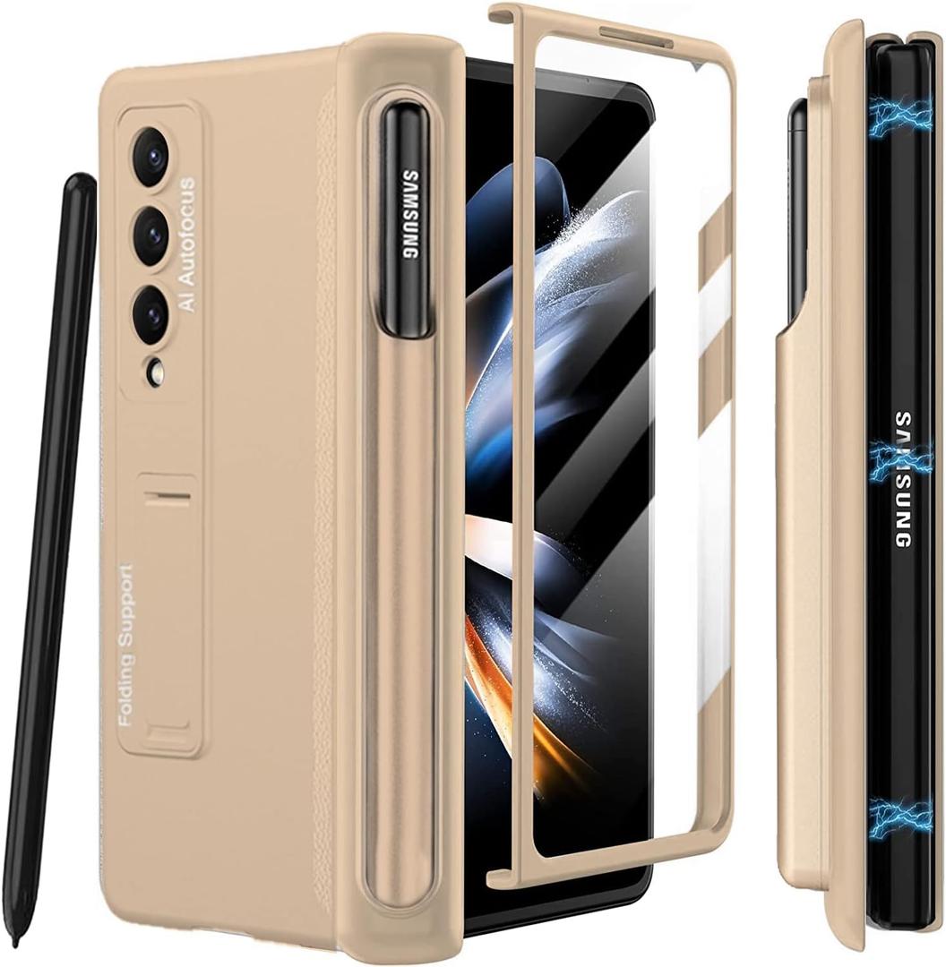 Miimall for Samsung Galaxy Z Fold 4 Case with Pen Holder, Built-in Screen Protector & Adjustable Kickstand & All-Inclusive Magnetic Protective Case for Galaxy Z Fold 4 5G (Champagne Gold)