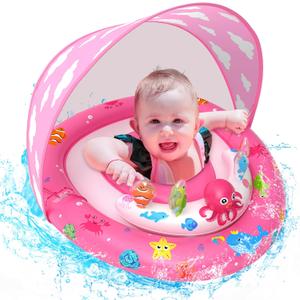 ZIZZ Baby Pool Float with Canopy - 2025 New Inflatable Baby Swim Float with UPF50+Sun Protection, Baby Infant Pool Float with Toy Play Console Adjustable Seat for Toddler Kids Aged 6-36 Months (Pink)