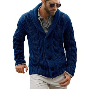 Mens Cable Knit Cardigan Sweater Shawl Collar Loose Fit Long Sleeve Casual Cardigans (Medium, Navy)