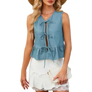 Denim Tops for Women Jean Vest Top Sleeveless V Neck Waistcoats Suit Denim Vest Bow Tie Front Peplum Crop Tank Tops (Small, 01-light Blue)