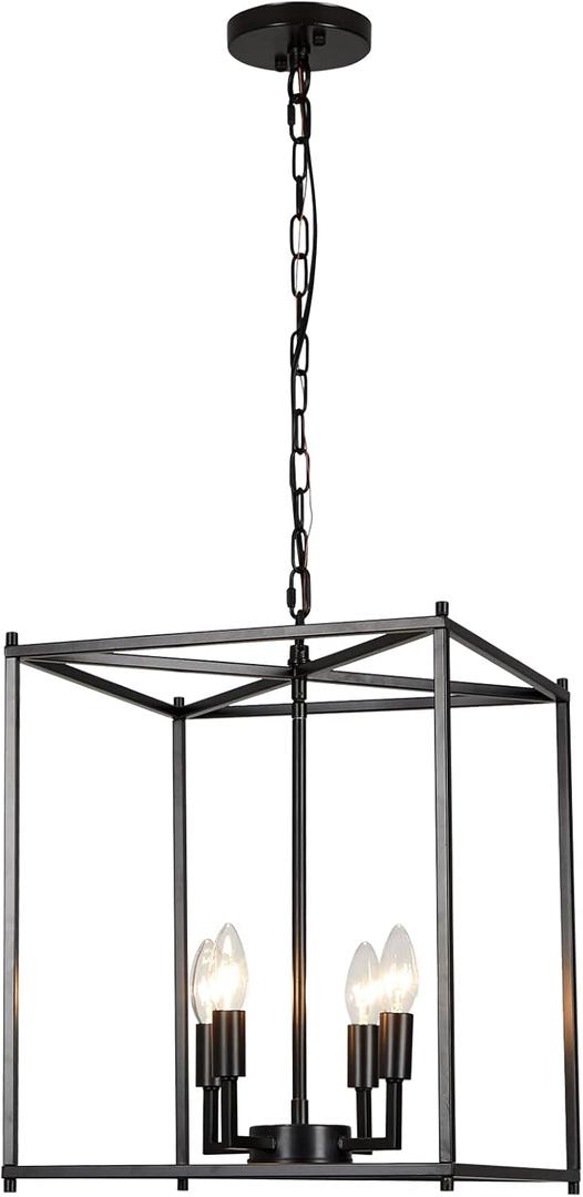 Black Chandelier Farmhouse Chandelier for Dining Room, 12.6" Lantern Pendant Light Fixtures 4-Light Square Foyer Chandelier Adjustable Pendant Lighting for Kitchen Island Hallway