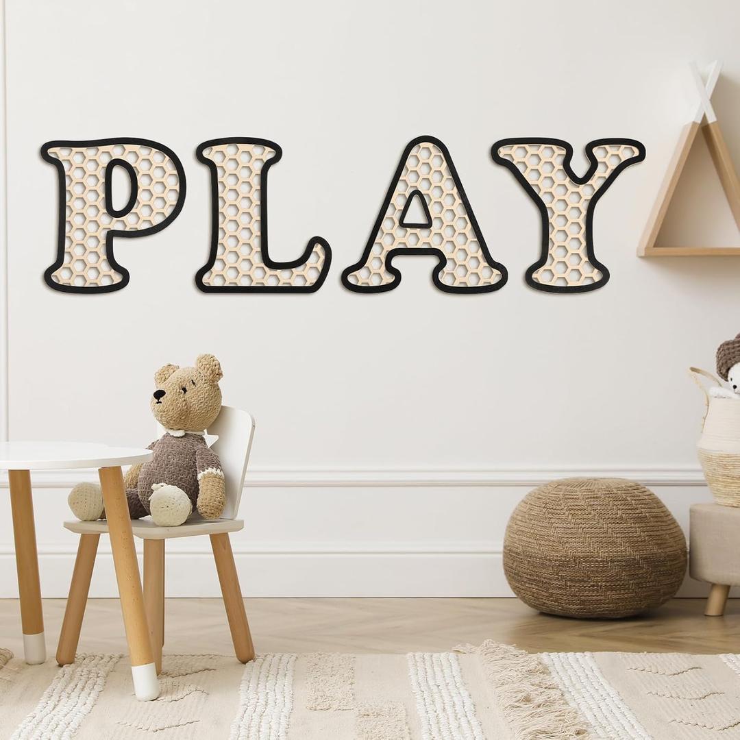 RattanView Wooden Play Rattan Letters Set Playroom Decor Boho Wall Signs Play Wooden Rattan Letters Wall Decor for Playroom Art Nursery Room Decorations(Black)