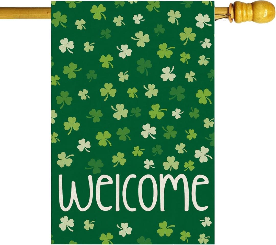 Welcome St. Patrick's Day Green Shamrocks Clovers House Flag Large Burlap 28X40 Inch Vertical Double Sided Outside Yard Holiday Outdoor Farmhouse Decoration