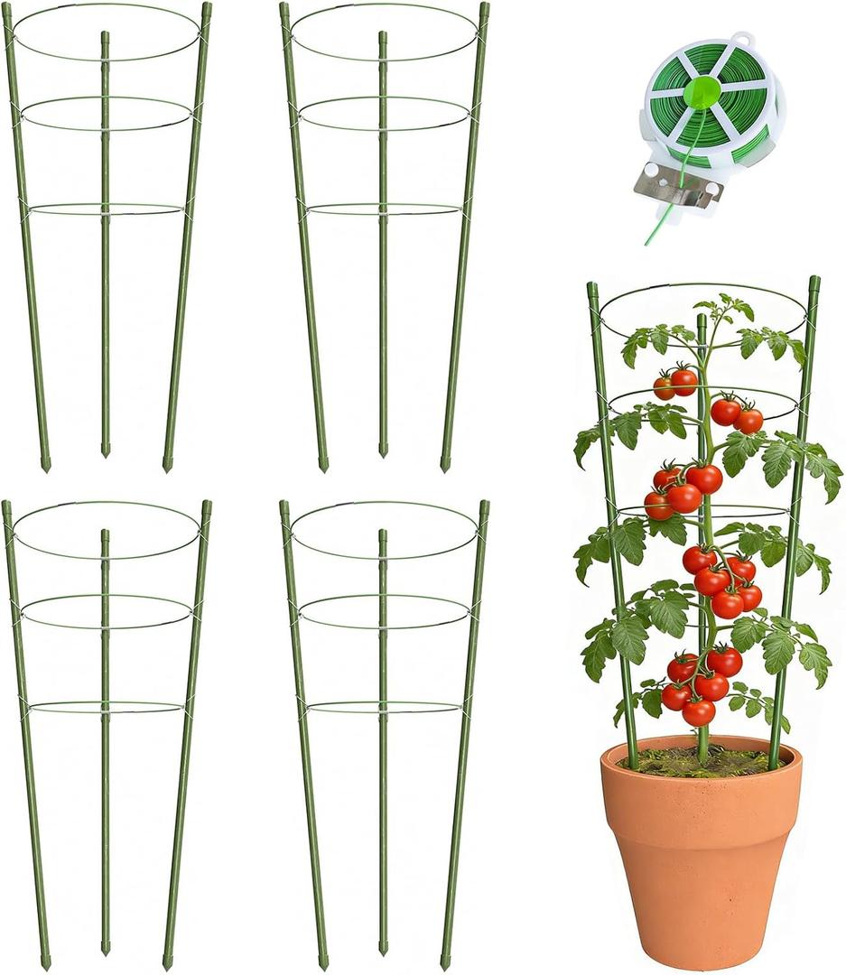 4 Pack Tomato Cage for Garden Plant Support, 24 inches Small Tomato Cages Tomato Trellis with Adjustable Rings, Plant Stakes for Peony Support, Tomato Stakes Rings for Climbing Plants
