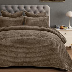 PHF Luxury Velvet Quilt Set Queen Size – 3PCS Ultra Soft Quilted Comforter Alternative with Striped Channel, Cozy Quilted Bedspread, 1 Coverlet with 2 Matching Shams, 90" x 92", Oxford Tan