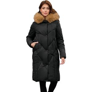 PAPILLON D'OR WEAR YOUR WINGS Women's Long Puffer Coat - Detachable Faux Fur Collar Diamond Quilted Winter Jacket (Black, XL)
