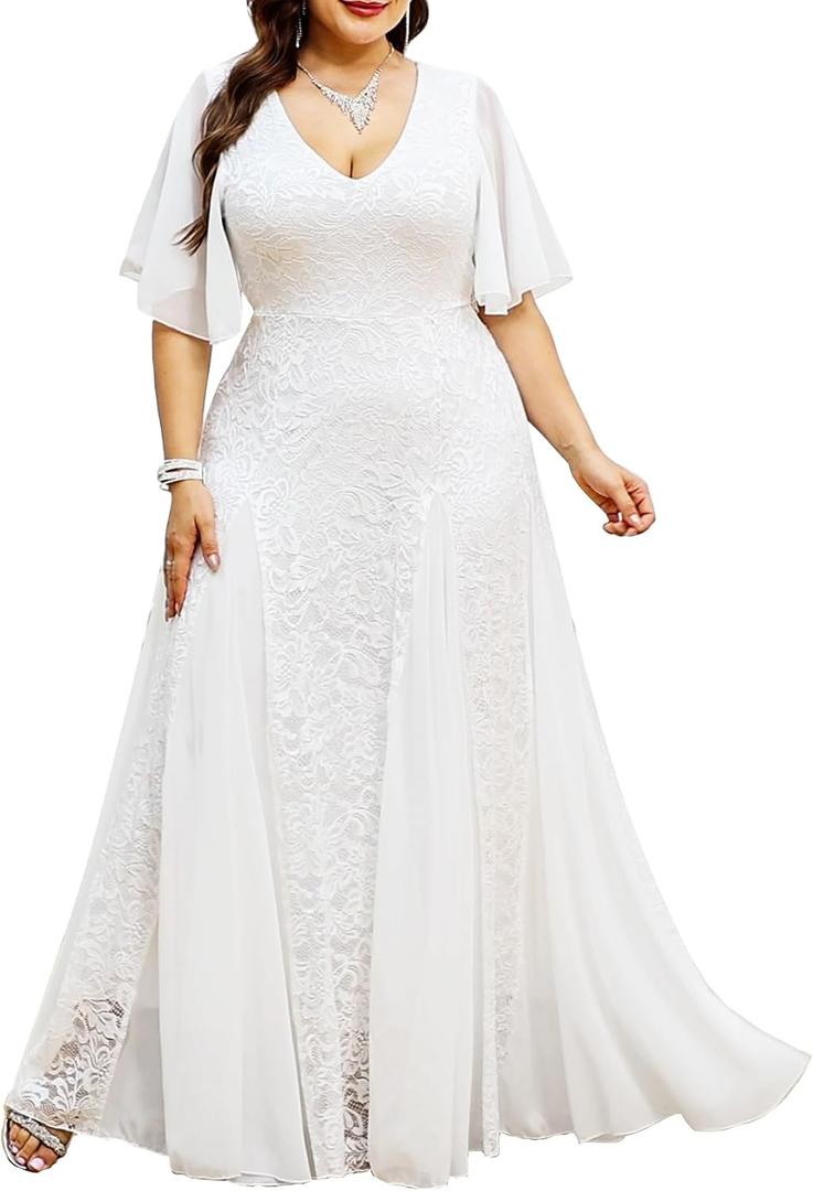 TIARALY Plus Size Formal Lace Dress Maxi V Neck A-line Chiffon Wedding Guest Prom Evening Gown Gala Elegant, White, 2X