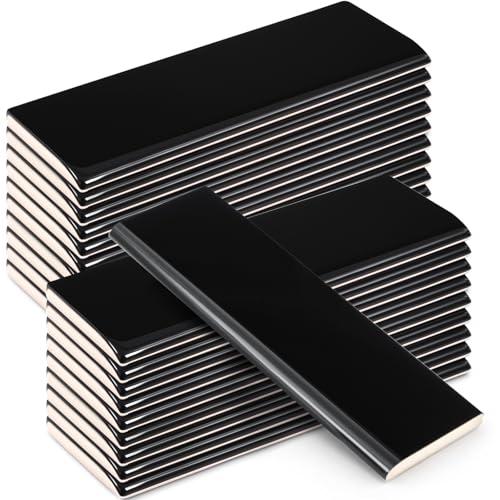 Maasechs 20 Pcs 2 x 6 in Ceramic Tile Bull Nose Trim Edge Glossy Subway Wall Trim Tile for Finishing in Bathroom Kitchen Backsplash and Shower Walls (Single Round Edge,Black)
