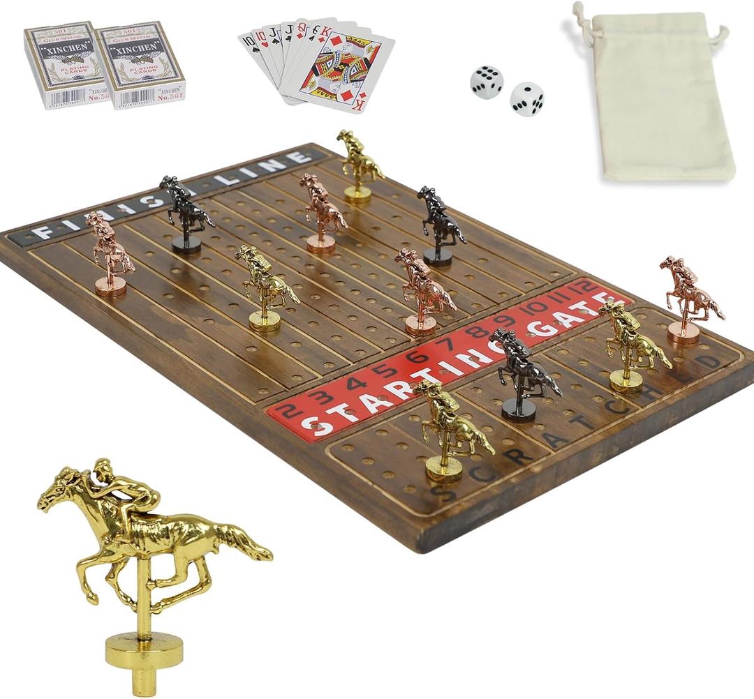 HOROW Horse Racing Game - Wooden Horse Race Board Game with 11 Luxury Metal Horses 2 Dice and 2 CardsFast-Paced Strategic for Family Night and Party - Perfect Birthday&Holiday Gifts (Flame1)