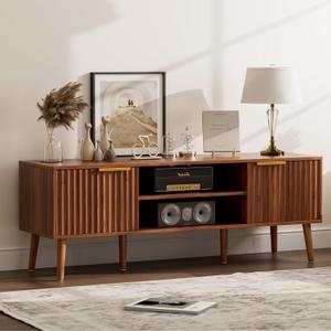 TV Stand for Living Room, Mid Century Modern Entertainment Center for 55/60 inch TVs, TV Console with Fluted Door Cabinets and Open Shelves, for Bedroom, Walnut