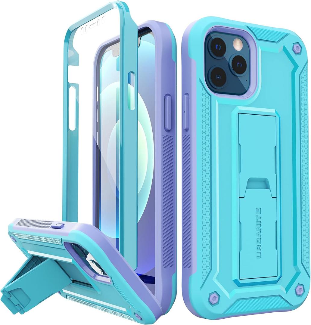 URBANITE for iPhone 12 Case 6.1 Inch, Military Grade Shockproof Dual Layer Protection Cover for iPhone 12 Pro Phone with Screen Protector, Built-in Kickstand (Blue and Purple)