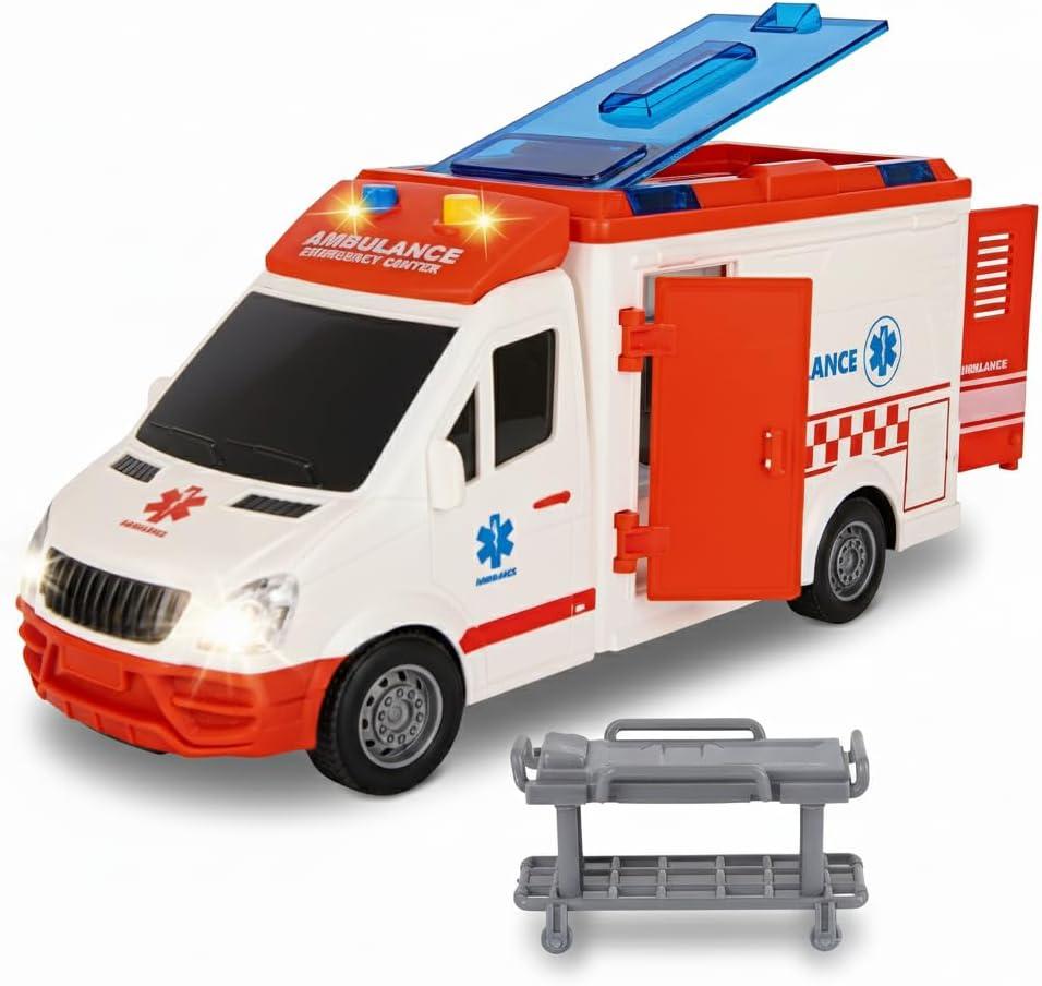 ArtCreativity Ambulance Toy Truck for Kids, Lights & Siren, Friction-Powered 1/16 Scale Rescue Toy Ambulance, Emergency Vehicle Ambulance Toys for Kids 3-8 with Removable Stretcher, Doors Open