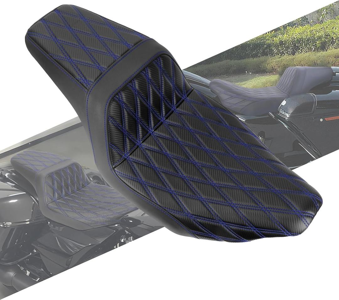 One-piece Two-Up Seat Driver Passenger Seat Fit for Harley Touring Street Glide FLHX Road Glide FLTRX Street Glide Ultra FLHXU CVO Road Glide ST FLTRXSTSE 2023 2024 2025 (Blue Stitching)