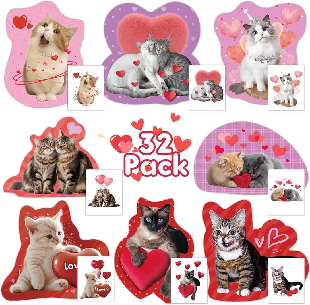 Mczan 32 Pack Valentines Card for Kids Classroom, Pet Cats Valentines Cards with Tattoos Envelopes, Happy Valentine Cards for Kids School, Party Exchange Favors Gifts for Boys Girls