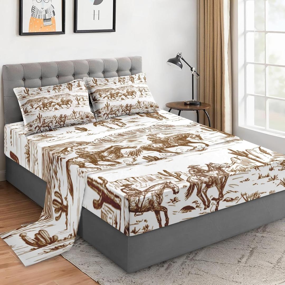 Full Size Bed Sheet Sets with Pillowcases, American Desert Cowboy 4 Pcs Soft Microfiber Bedding for Kids and Adults, Western Vintage Horse Flat, Fitted Sheet for Bedroom Bed Decor