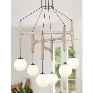Large Rustic Antique White Wood Chandeliers for Dining Room Light Fixture Over Table Hanging, 6-Lights Farmhouse Milk Glass Globe Chandelier for Stairwell Kitchen Island Living Foyer Bedroom