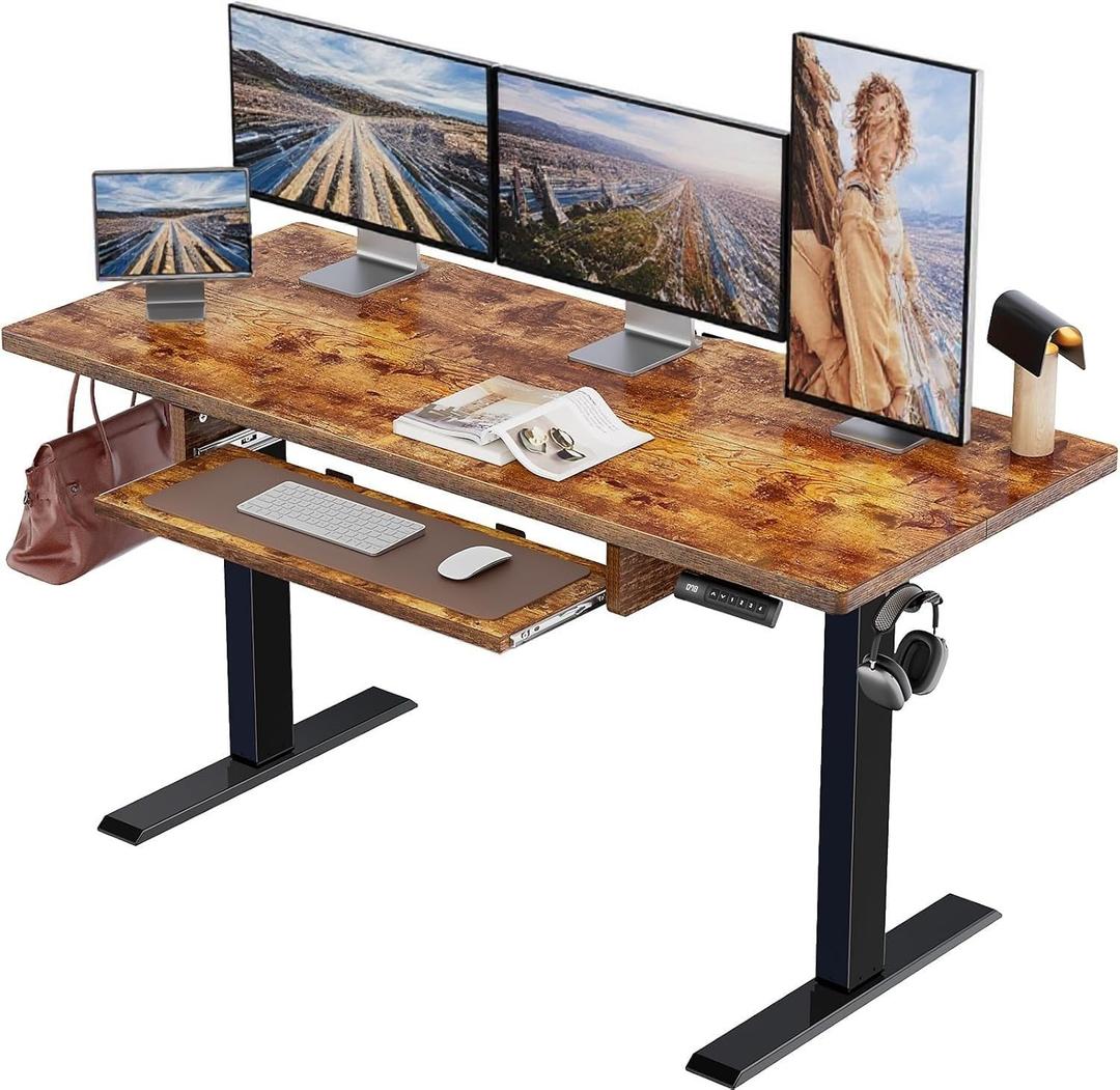 Marsail Electric Standing Desk with Ergonomic Keyboard Tray, Adjustable Desk with 27.5 to 46.7 Height Range, 4 Memory Presets, Smooth and Quiet Lifting, 48 x 24 inch Adjustable Height,TZESD14 Brown