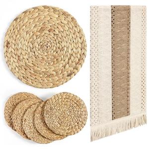 Baderke 6 Pcs Boho Table Runner and Round Placemats Set Table Runner Woven Placemats Braided Water Hyacinth Place Mat Farm Beige Centerpiece for Christmas New Year Dining (12 x 108 Inch)