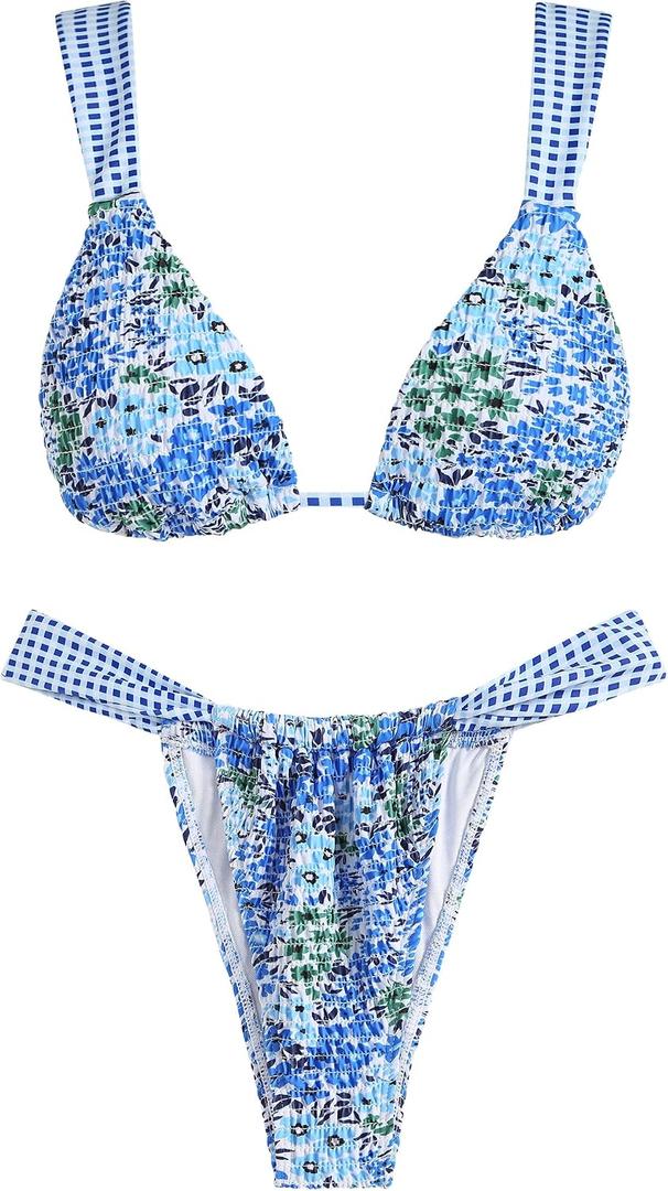 ZAFUL Women's 2 Piece Sexy Thong Triangle Bikini Sets Floral Print Swimsuit 2026 Summer Beach Grid Swim Cheeky Bathing Suit (Blue, L)