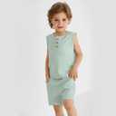 Weixinbuy Toddler Baby Boy Outfits Summer Clothes Set Cotton Linen Sleeveless Pocket T-Shirt Tops Shirt Shorts Outfit Set Light Green (Green)