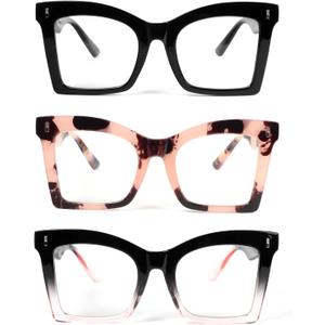 REAVEE 3 Pack Oversized Square Reading Glasses for Women, Blue Light Blocking Stylish Readers Spring Hinge, Black+Pink Leopard+Black Pink (1.25)