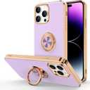 Hython for iPhone 14 Pro Case with Ring Stand [360 Rotatable Ring Holder Magnetic Kickstand] [Support Car Mount] Plated Rose Gold Edge Slim Soft TPU Luxury Protective Phone Case Cover, Purple