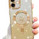 NITITOP Compatible with iPhone 16 Plus Case Cute Clear Glitter [Compatible for MagSafe] Plating Heart Sparkle Bling Magnetic Girl Women Electroplated Frame Camera Protection Back Cover - Gold