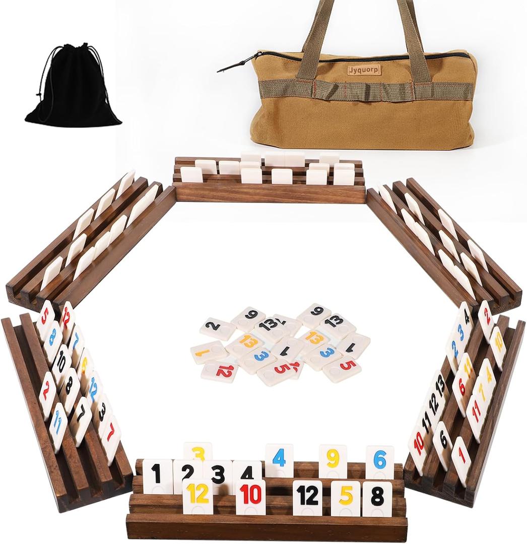 Rummy Cube 6 Player Edition with 6 Wooden Racks Trays 160 Numbers Rummy Tiles Set with Zippered Case Rummy Travel Game Set Classic Board Games for Family Adults Party (Burnt Color)