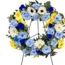 MUVIC Handmade Cemetery Wreath with Grave Holder, Artificial Flower Wreaths for Tombstone Decoration of Memorial Day/Mother's Day/Father's Day/Christmas,Blue,Yellow,White