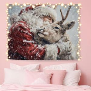 NATSUNO Christmas Santa Reindeer Tapestry, Christmas Wall Tapestry for Bedroom, Vintage Winter Xmas Santa Reindeer Tapestries Wall Hanging for Home Bedroom Living Room Decor, 50x60 Inches