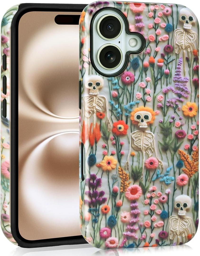 Halloween Cases for iPhone 17, Cute Kawaii Aesthetic Trendy Skeleton Floral Phone Cover Protective Shockproof Phone Case Skull