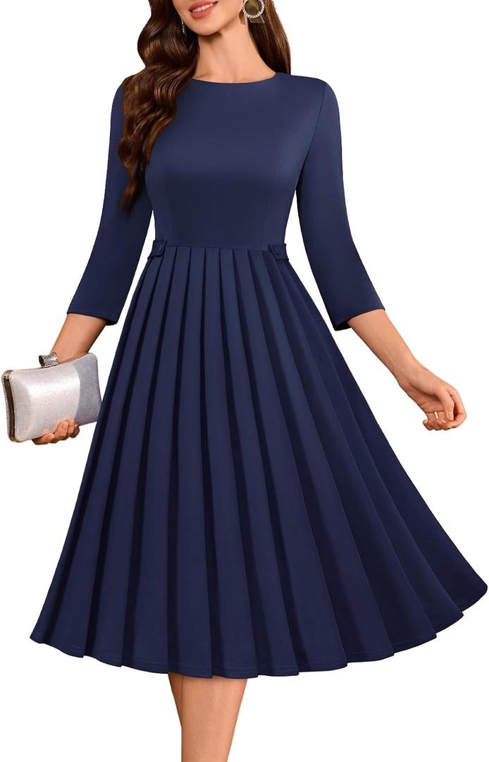 DRESSTELLS Women's Cocktail Dresses, Formal Wedding Guest Church Vintage Tea Party 3/4 Sleeve Pleated Dress (Blue, M)