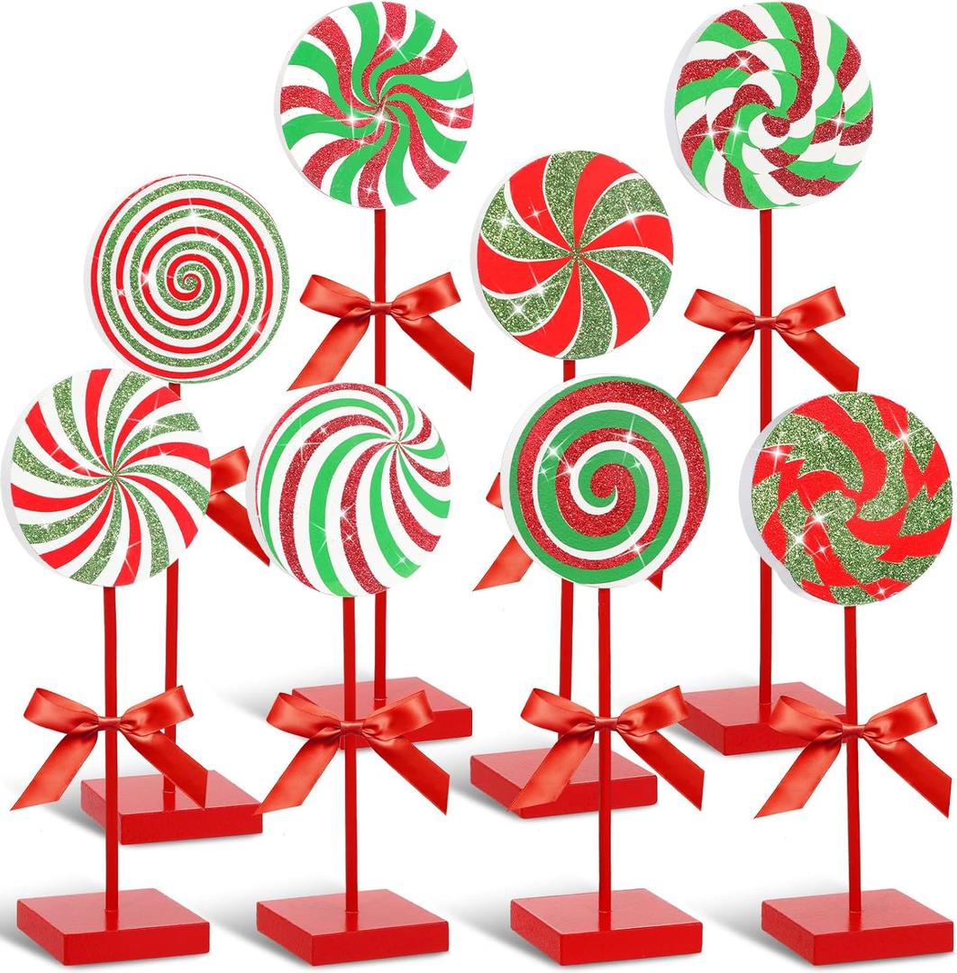 Amyhill 8 Pcs Christmas Candy Wooden Tabletop Decor Glitter Xmas Candy Cane Table Centerpiece Sign for Christmas Tiered Tray Home Desk Office Party Decoration(Exquisite,Red,Green)