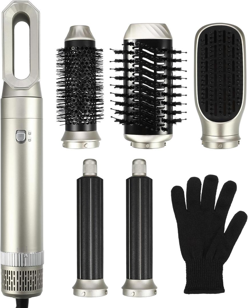 VOCOSTE Hot Air Brush, 5 in 1 Hair Dryer Brush, Detachable Hair Dryer Styler Volumizer Hair Straightener Comb Blow Dryer Electric Curling Wand Set, Champagne