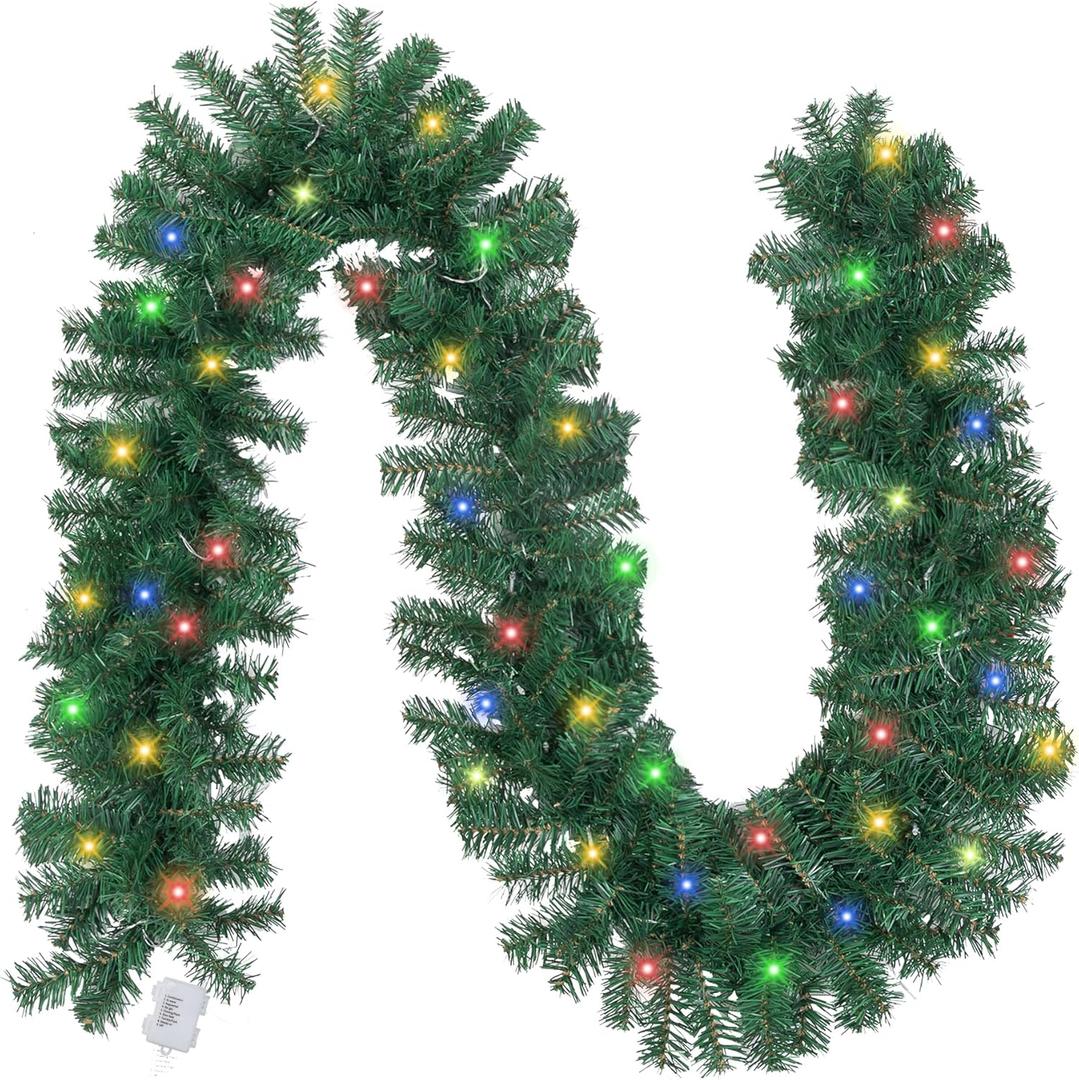 9ft Prelit Lighted Christmas Garland, Battery Operated Colored Lights Timer, Lighted Christmas Decoration for Indoor Holiday Door Home Mantel Fireplace Stairs Decor