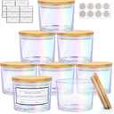 CONNOO 8 Pack 12 oz Iridescent Glass Wide Mouth Candle Jars for Making Candles with Airtight Bamboo Lids, Nice Sticky Warning Labels for Candle Making, Empty Container Bulk - Dishwasher Safe