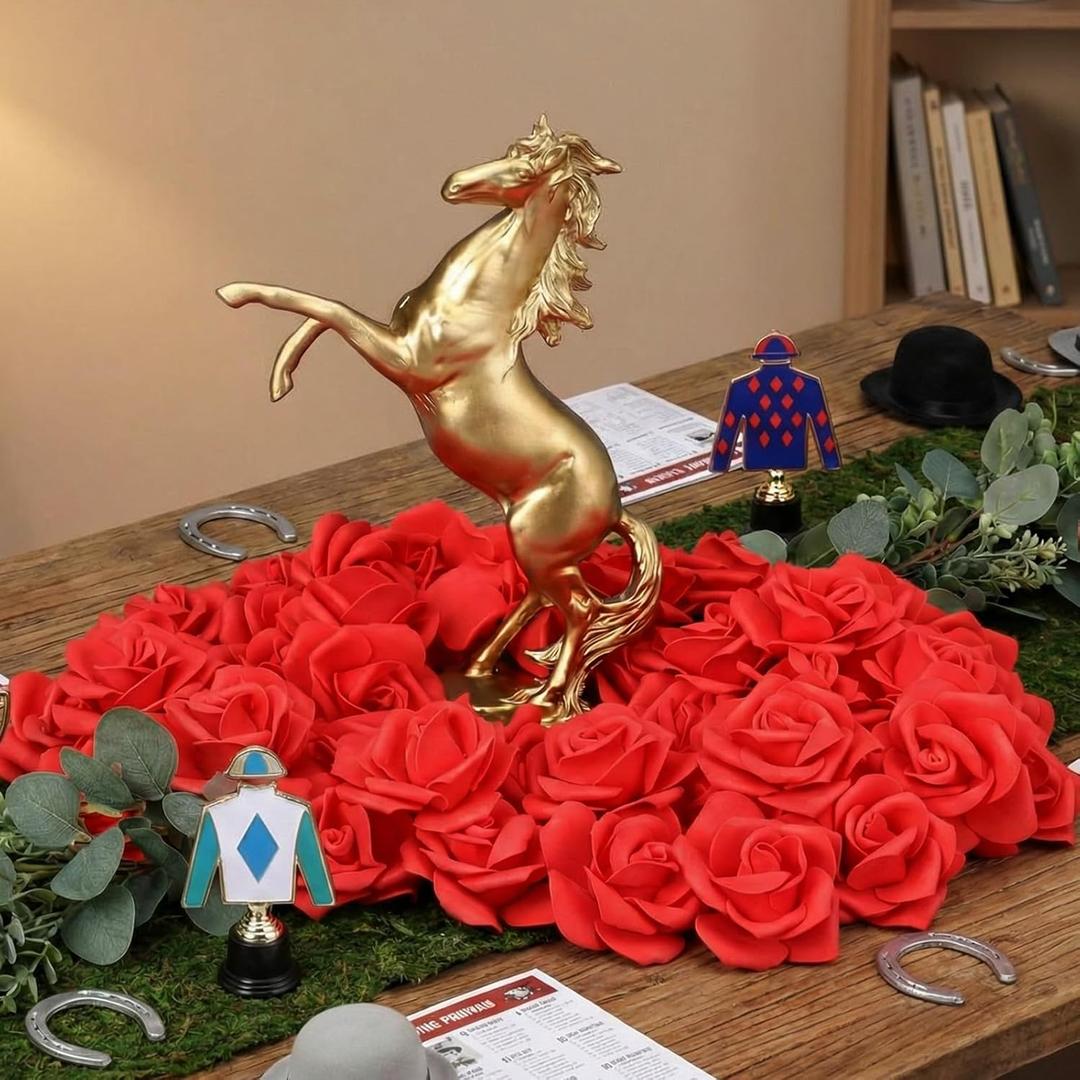 Threehoney Derby Table Decorations 11.6 Inch Horse Racing Table Centerpieces Gold Resin Horse Figurines with 20 Red Fake Roses Derby Party Decor for Festival Holiday Supplies Home Office Desk Decor