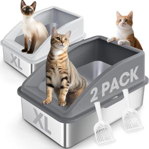 2 Pack Stainless Steel Litter Box | XL Enclosed Cat Litter Boxes with Lid for Big Cats and Multi-Cats | High Sided, Anti-Urine Leakage | Non-Stick BottomMulti-Colored