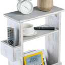 MyGift Wide Side Table, Slim End Sofa Table in Whitewashed Wood with Storage Shelf, Magazine and Remote Holder, Narrow Side Table