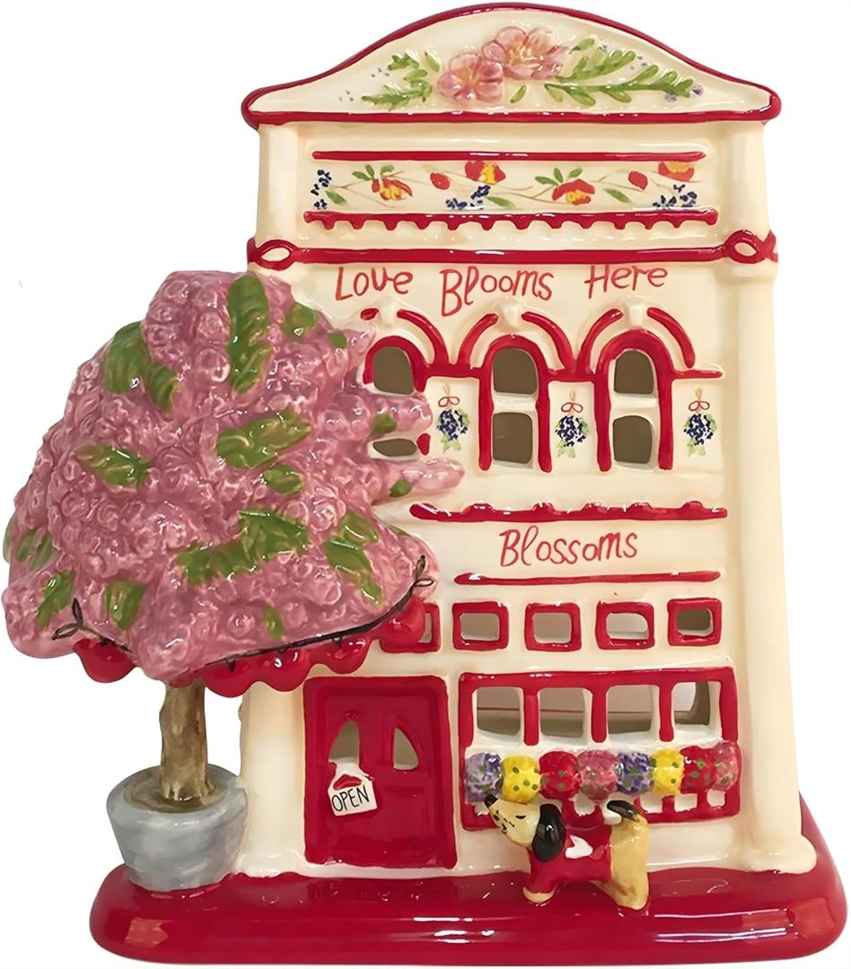 Blue Sky Clayworks Love Blooms Here Candle House, Ceramic, 7" L x 5" W x 8" H, Flower Shop Window Glow