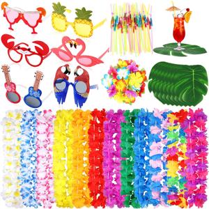 116 Pcs Pool Beach Party Favors Summer Luau Party Decorations Hawaiian Leis Novelty Sunglasses with Palm Leaves Hibiscus Flower for Summer Beach Birthday Supplies