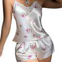 SOLY HUX Women's Satin Pajama Set Floral Loungewear Lace Camisole Top and Shorts Pjs Sleepwear (White, L)