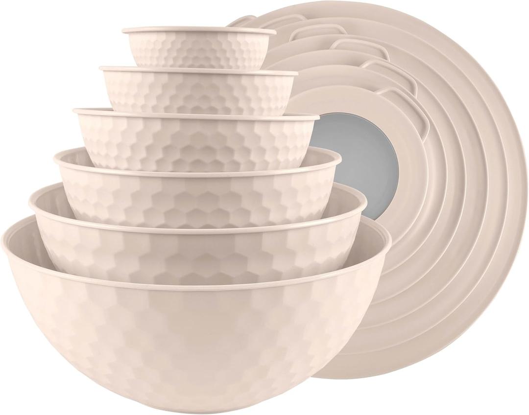 COOK WITH COLOR Mixing Bowls with Lids - 12 Piece Plastic Nesting Bowls Set includes 6 Prep Bowls and 6 Lids, Non Slip Bottom and Embossed Design - Microwave Safe (Cream) (Cream Embossed)