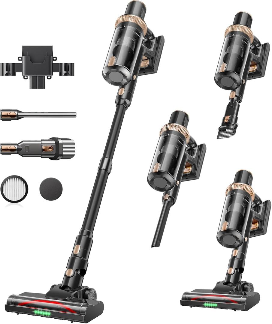 Cordless Vacuum Cleaner, 600W 55KPA 60Mins Vacuum Cleaners for Home,Anti-tangle Wireless Vacumm,Rechargeable Vacuum With Green Light,Powerful Stick Vacuum for Carpet/Hardwood Floors,Pet Hair,Black