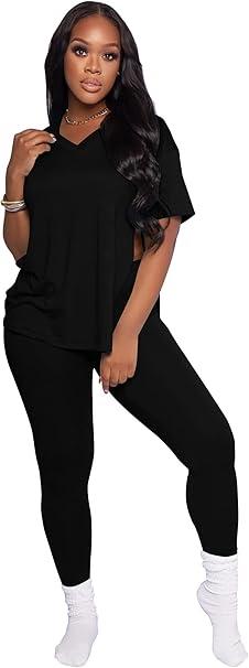 Mrskoala Lounge Sets for Women Two Piece Outfits Pullover Tops and Long Pants Tracksuit Sweatsuits Black S