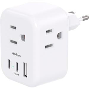 European Travel Plug Adapter, Addtam International Power Adapter with 3 Outlets 3 USB Charging Ports(2 USB C), Type C Adapter Travel Essentials to Most Europe EU Spain Italy France